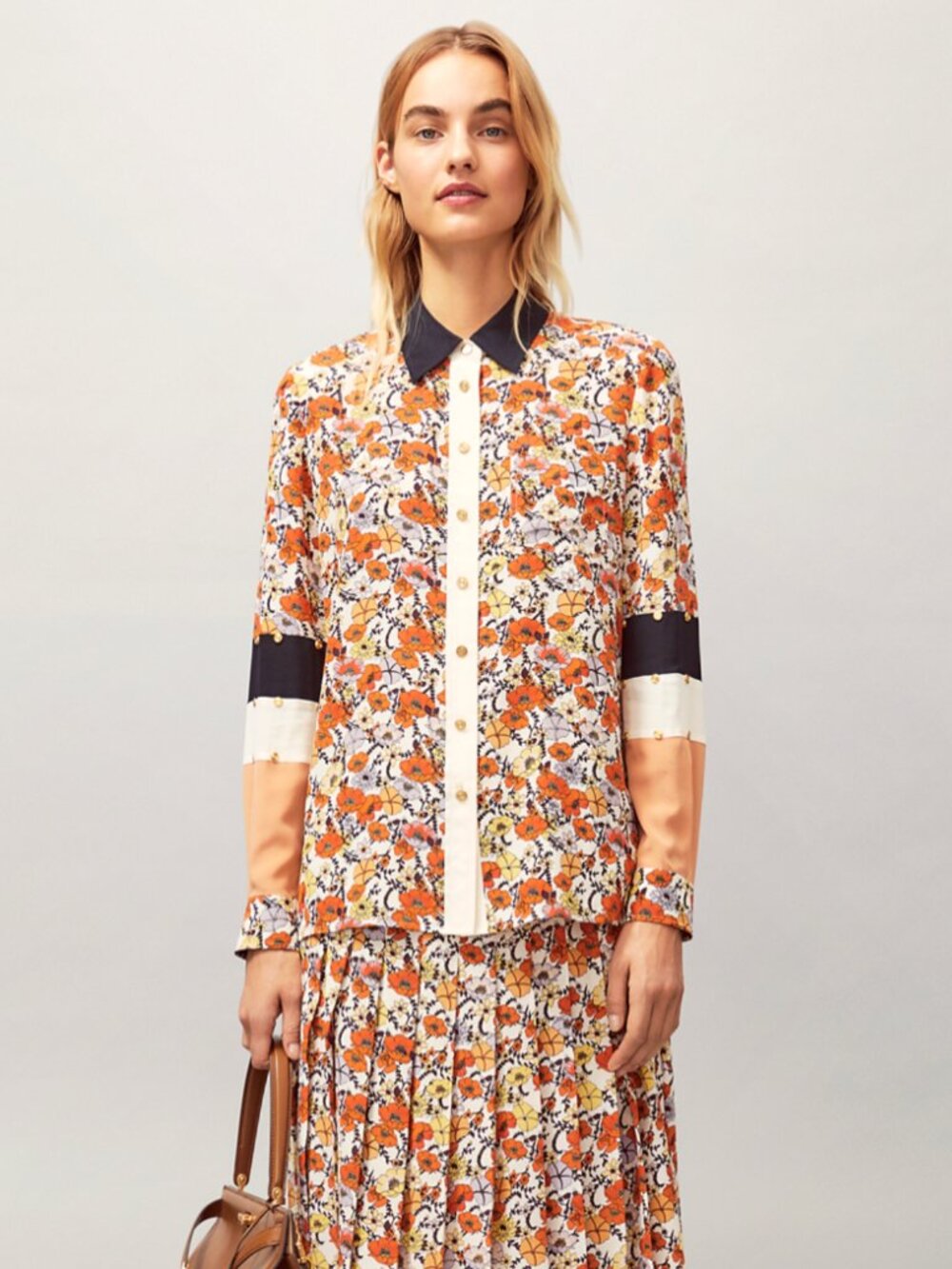 Tory Burch Floral Patchwork Stud Shirt Silk Ditsy Blossom Autumn Fall Size 4